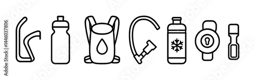 Outdoor adventure outline icons – flat style hiking, climbing, and camping gear symbols for explorers: water bottle, backpack, ice axe, insulated bottle, compass, stopwatch