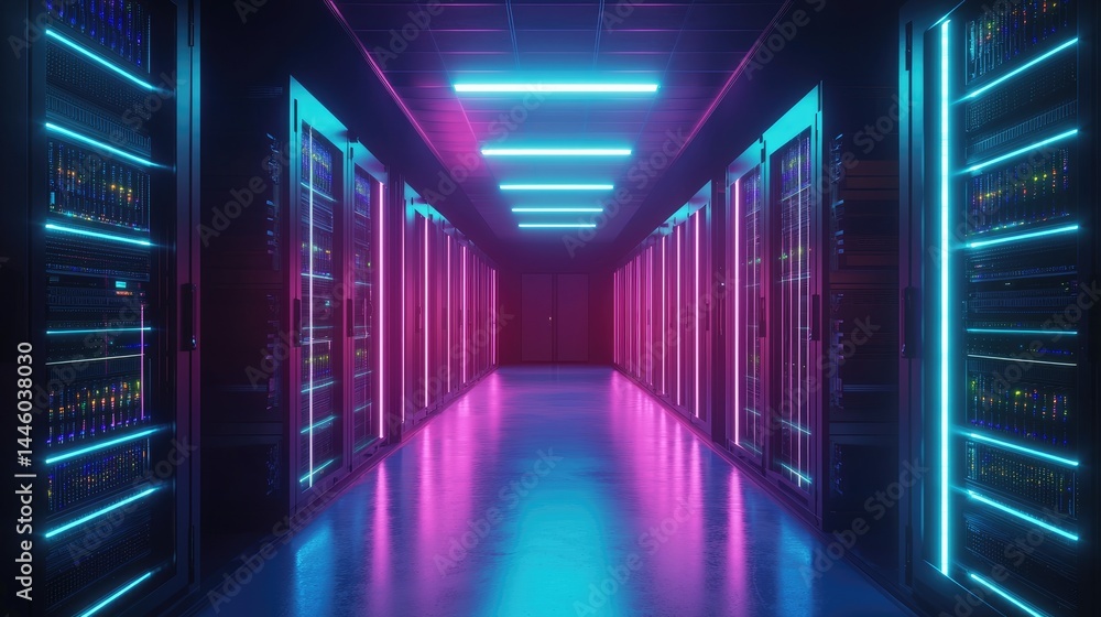 Fototapeta premium Cyberpunk style server corridor with purple and blue neon lighting, ideal for futuristic IT environments, gaming infrastructure, or sci-fi tech interfaces