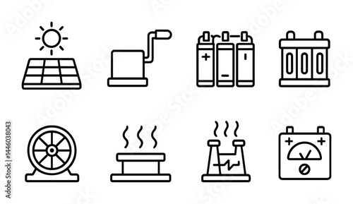 Renewable energy outline icons set – linear style eco-friendly, green power, and sustainable technology symbols: solar panel, wind turbine, battery, hydroelectric, meter
