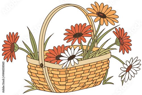 87 Woven wicker basket, colorful gerbera daisies, vibrant floral arrangement, orange and red petals, white flowers, natural lighting, studio photography, isolated on white background, high resolution,