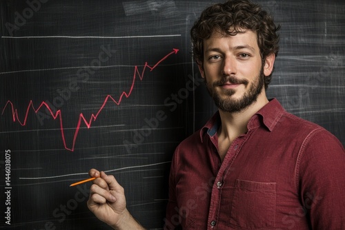 Man drawing upward trend graph on blackboard