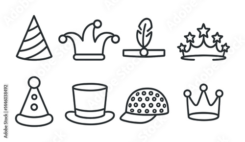Celebration hat icon set – line style party, festival, and costume symbols: party hat, jester hat, feather cap, tiara, clown hat, top hat, baseball cap, crown.