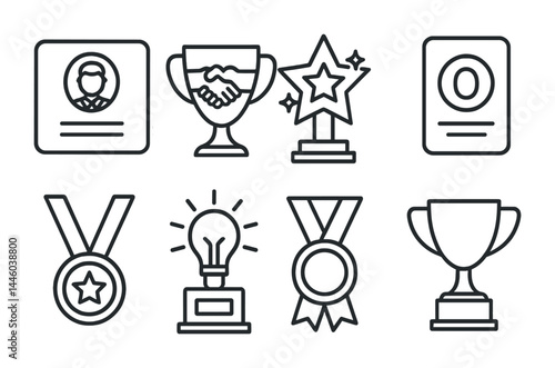 Achievement and recognition awards icon set – outline style success, accomplishment, and honor symbols: trophy, certificate, medal, handshake, star, badge, lightbulb