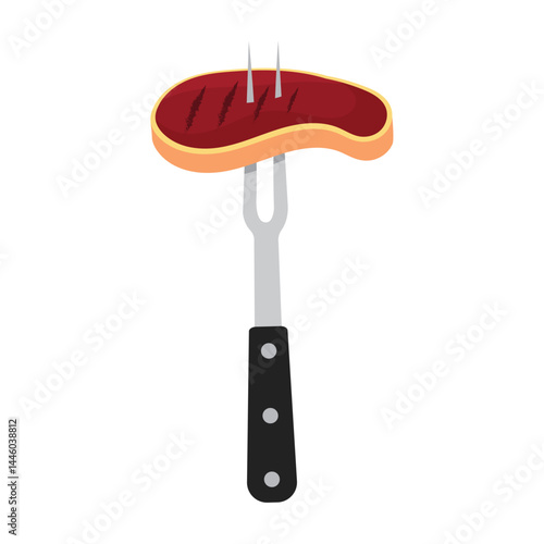 Fork holding raw steak. Vector