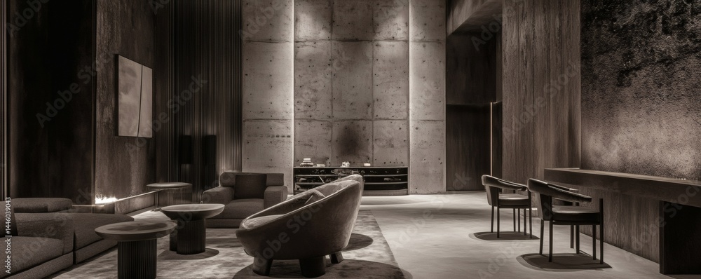 Interior view of a modern lounge area with furniture and columns Interior view of a modern lounge area with furniture and columns