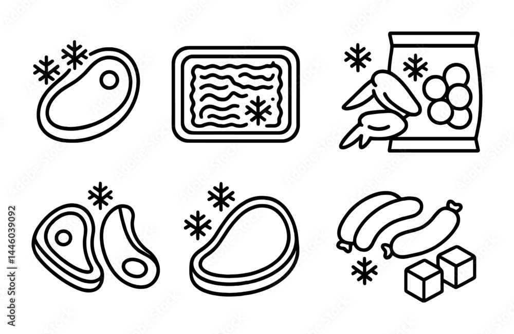 Fototapeta premium Frozen food outline icons set – linear style grocery, cuisine, and freezer symbols for meal planning: steak, ground beef, chicken wings, pork chop, sausage.