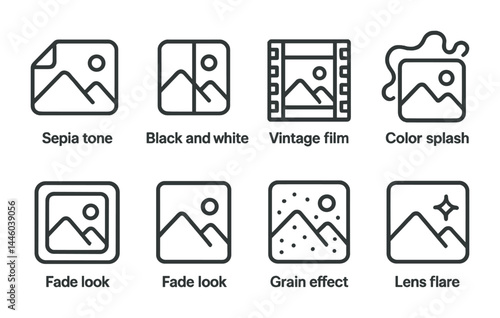 Photography effects icon set - outline style editing, filters, and photo enhancements: sepia tone, black and white, vintage film, color splash, fade look, grain effect, lens flare