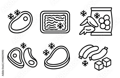 Frozen food outline icons set – linear style grocery, cuisine, and freezer symbols for meal planning: steak, ground beef, chicken wings, pork chop, sausage.