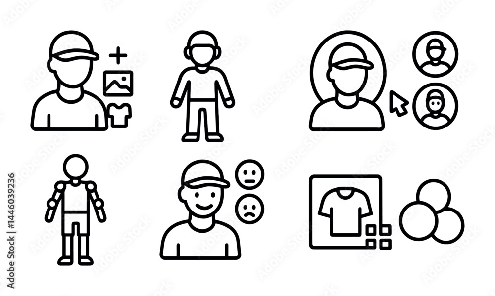 User profile and avatar outline icons set – linear style for web design, social media, and ui: avatar, user, profile, account, selection, mood, clothing User profile and avatar outline icons set – linear style for web design, social media, and ui: avatar, user, profile, account, selection, mood, clothing