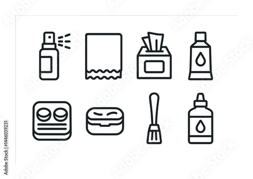 Hygiene essentials icon set – outline style cleanliness and self-care symbols for everyday use: sanitizer, paper towel, tissues, toothpaste, contact lens, soap, makeup brush