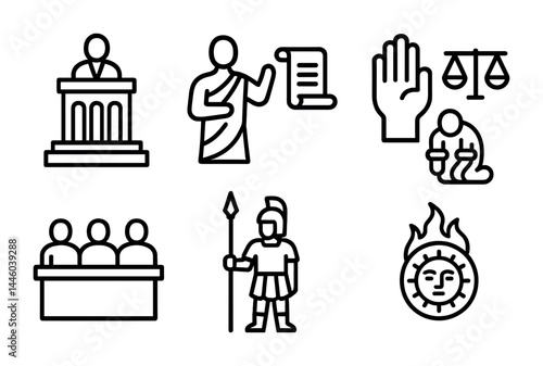 Ancient justice icons set – outline style historical law, order, and governance symbols: courthouse, orator, legal scroll, scales, jury, soldier, justice