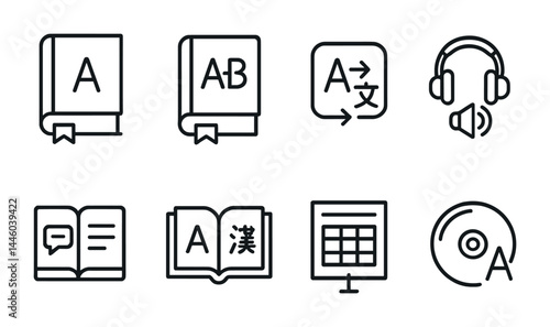 Language and communication icons set – outline style for learning, translation, and education: dictionary, translation, audiobook, speech bubble, open book, alphabet, presentation screen, cd.