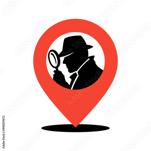 Detective Location Icon: A minimalist vector illustration featuring a silhouette of a detective holding a magnifying glass, positioned within a stylized red pinpointing location marker.