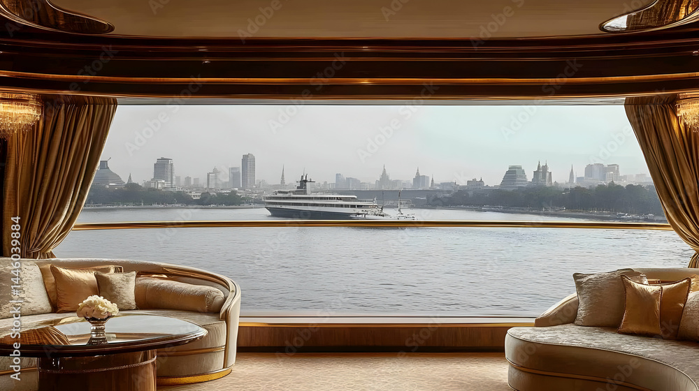 Fototapeta premium Luxury Yacht Interior with City Skyline View