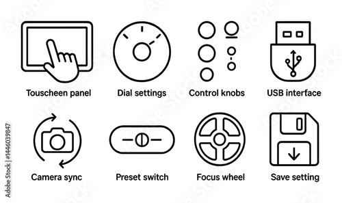 Technology and interface icon set – outline style gadgets, devices, and settings symbols for digital designs: touchscreen, dial, knobs, usb, camera, switch, wheel, save
