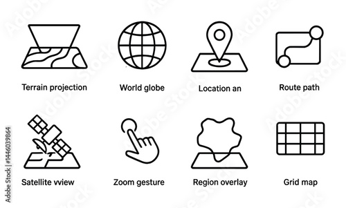 Geography and navigation icon set – linear style maps, routes, and terrain symbols for exploration: terrain projection, world globe, location pin, route path, satellite view, zoom gesture