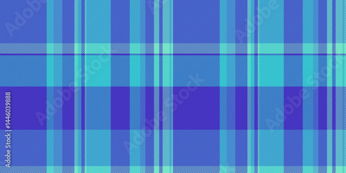 Craft plaid fabric textile, fade pattern background tartan. Pano vector check seamless texture in cyan and indigo colors.