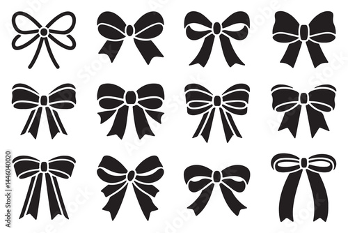 Set of black ribbon bow silhouettes vector illustration collection isolated on white background for decoration, gift wrap, fashion design, festive packaging, wedding, and craft elements"