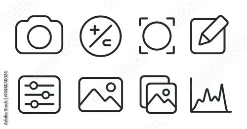 Creative tools outline icons set – line style art and design symbols for professional use: camera, calculator, crop, pencil, sliders, picture, gallery, graph.