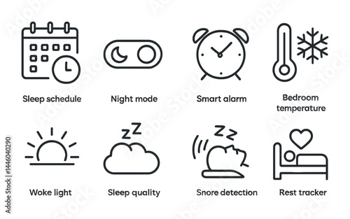 Sleep monitor line icons set – outline style for sleep tracking and health: sleep schedule, night mode, smart alarm, temperature, woke light, sleep quality, snore detection