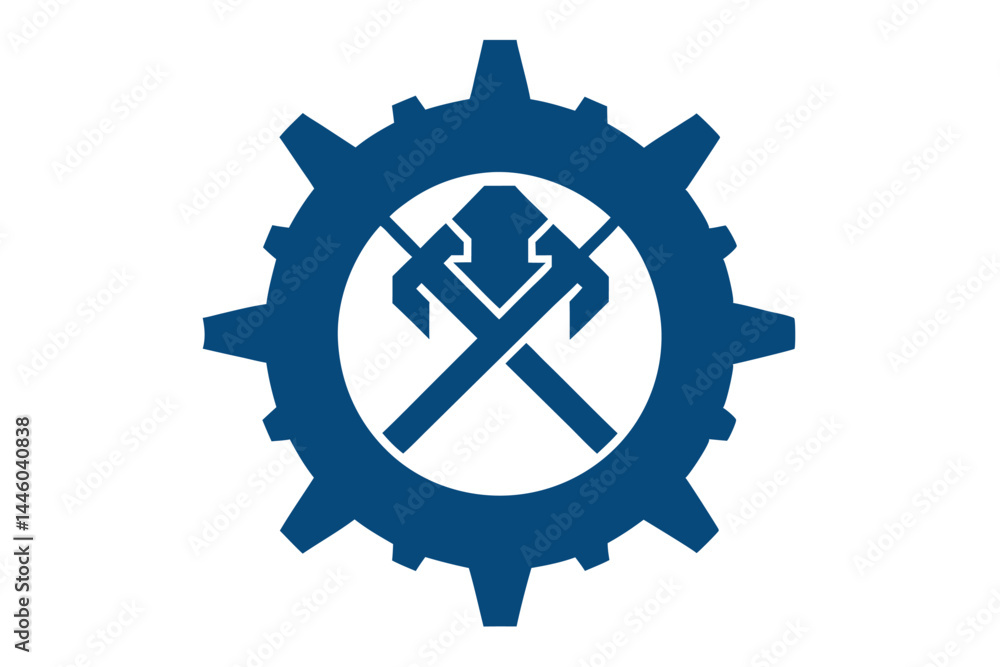 Blue Gear with Crossed Hammers Emblem on a White Background Blue Gear with Crossed Hammers Emblem on a White Background