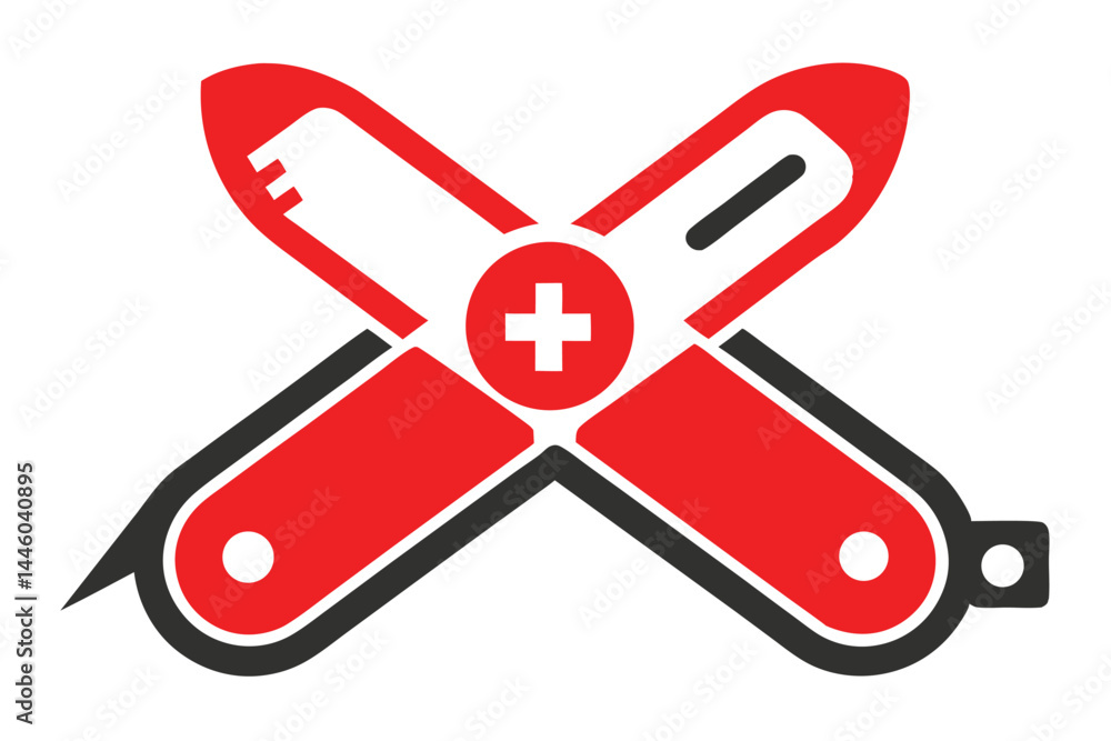 Obraz premium Vector illustration of a simplified, stylized Swiss Army Knife logo, red and black