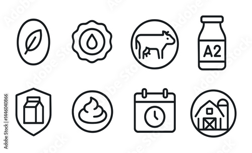 Dairy farm icons – outline style agriculture and food symbols for sustainable milk production: leaf, milk drop, cow, a2 bottle, milk shield, cream, calendar, barn.