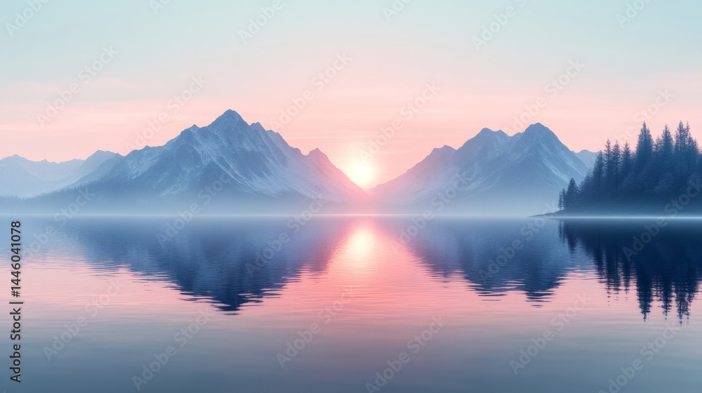 Snowy mountain peaks reflecting in a lake at sunset Snowy mountain peaks reflecting in a lake at sunset
