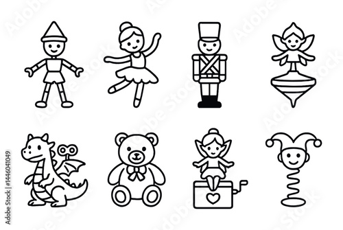 Playful toys icon set – outline style, children's playtime and fun symbols for kids' activities: doll, ballerina, soldier, fairy, top, dragon, teddy bear, jester.