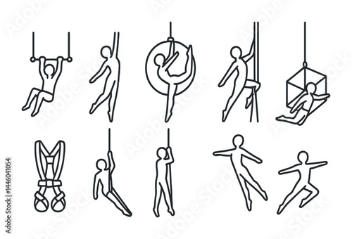 Aerial acrobatics linear icon set – outline style circus, gymnastics, and dance symbols for performance art: trapeze, aerial hoop, pole dance, silks, harness, lyra, cube.