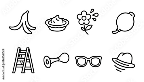 Whimsical pranks icons set - outline style playful, fun, comedy symbols for humorous design: banana peel, pie, flower, balloon, ladder, horn, glasses, hat
