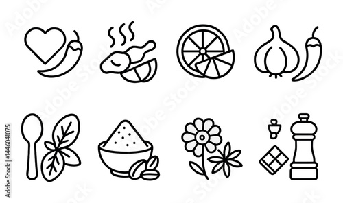 Culinary and cuisine outline icons set – line style food, spice, and ingredient symbols for kitchen design: heart chili, steaming chicken, citrus, garlic, pepper, herbs, flower, salt