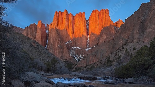 Sunrise illuminates towering, orange rock formations beside a flowing river