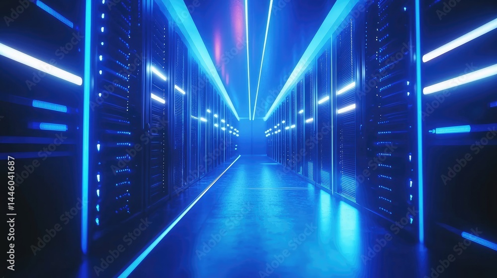 Obraz premium High-tech glowing data corridor with mirrored light lines, ideal for next-gen server branding, cloud architecture visuals, and advanced IT graphics