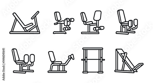 Gym equipment line icons set – outline style fitness, exercise, and workout symbols for health enthusiasts: bench press, leg curl, seated row, shoulder press, calf raise