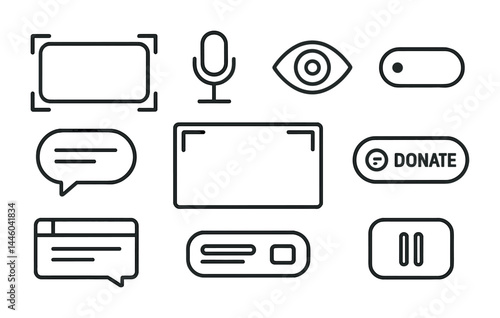 User interface outline icons set – line style web design, interaction, and app development graphics: chat bubble, microphone, eye, toggle switch, donation button, video frame, pagination.