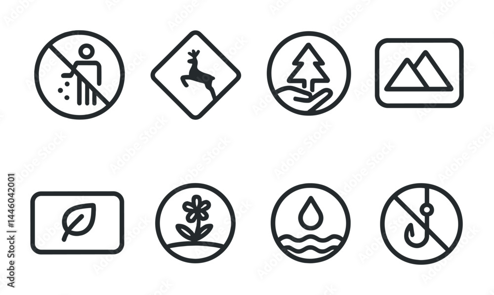 Nature and wildlife outline icon set – linear style ecology, environment, and conservation symbols: recycling, deer crossing, forest, mountains, leaf, flower, water, fishing ban. Nature and wildlife outline icon set – linear style ecology, environment, and conservation symbols: recycling, deer crossing, forest, mountains, leaf, flower, water, fishing ban.