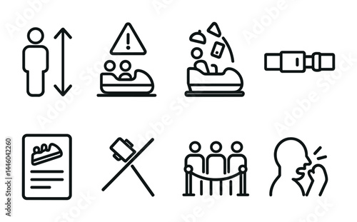 Amusement park safety outline icons – line style theme park, rides, and regulations symbols: height restriction, warning, loose articles, seatbelt, rider policy, no flash, queue, no yelling.