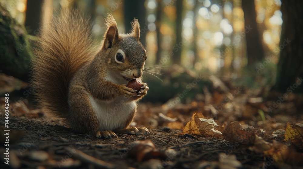 Obraz premium Squirrel eating nut in autumn forest