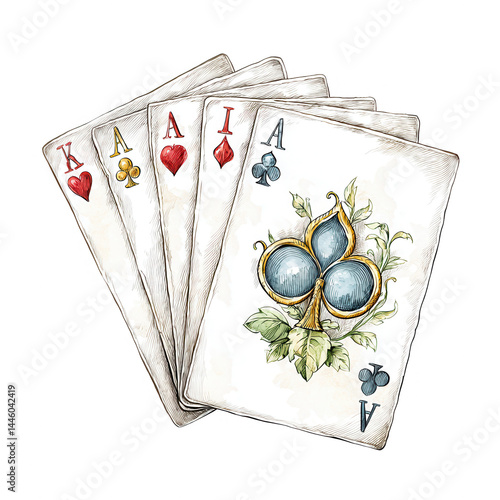 A painted hand of playing cards featu different ace card suit symbols.