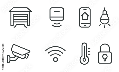 Home automation outline icon set – modern smart home, iot, and security symbols for connectivity: garage door, smart sensor, smartphone app, lightbulb, camera, wi-fi, thermostat, lock.