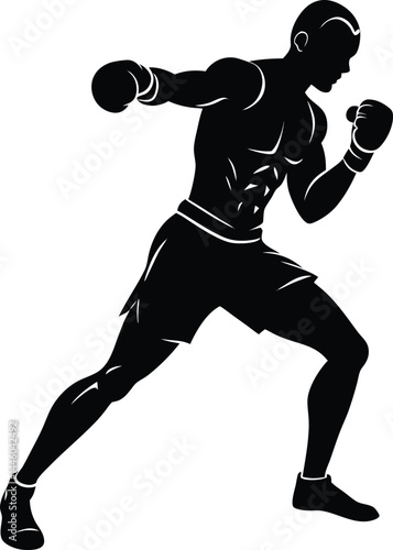 silhouette of a boxer in fighting stance on white 