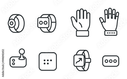 Smart wearable technology outline icons set – linear style gadgets and devices for modern lifestyle: smartwatch, fitness tracker, vr headset, smart ring, joystick, sensor pad, biometric glove,