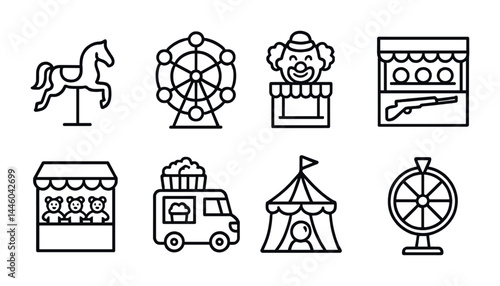 Amusement park outline icons - funfair, carnival, and festival symbols in line style: carousel horse, ferris wheel, clown, shooting gallery, teddy bear booth, food truck, circus tent, spin wheel.