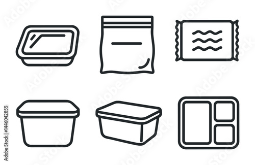 Food packaging line icons set – outline style kitchen, storage, and food container symbols for culinary design: tupperware, ziploc bag, bento box, food wrap, takeout container, snack packet