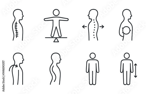 Posture and spine health icon set – outline style ergonomic, wellness, and physiotherapy symbols for body alignment: spine, balance, back pain, shoulders, posture, therapy, wellness.