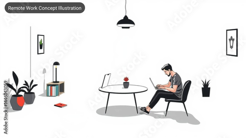 Minimalistic remote work concept illustration highlighting flexible workspace, productivity, and digital nomad lifestyle, perfect for tech, business, and startup themes