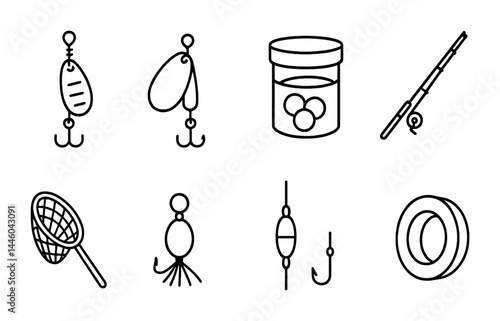 Fishing gear line icons set – outline style for anglers, bait, and tackle enthusiasts: fishing rod, lure, bait jar, net, float, hook, fly, fishing line.