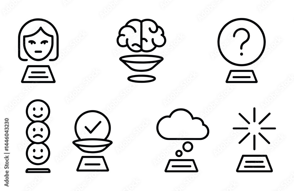 Psychology and mental health icon set - line style mindfulness, therapy, and cognition symbols: brain, question mark, emotions, validation, thought cloud, inspiration. Psychology and mental health icon set - line style mindfulness, therapy, and cognition symbols: brain, question mark, emotions, validation, thought cloud, inspiration.