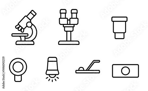 Science and laboratory icons set – outline style tools and equipment for research: microscope, binocular, lens, light, petri dish, lever, slide, specimen